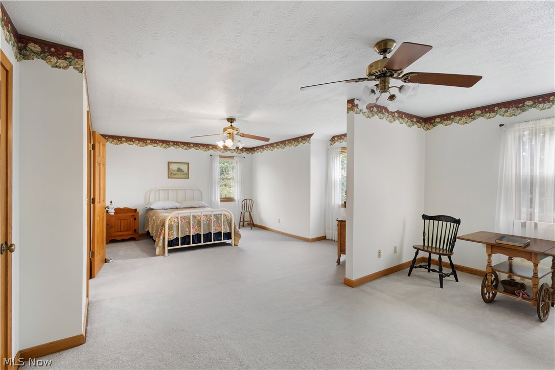 10909 Ruby Road Cambridge, OH 43725 - Photo 22 of 34 Bedroom with multiple windows, light colored carpet, a ceiling fan, and a textured ceiling