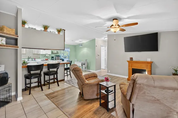 a room that has a table and chair in it