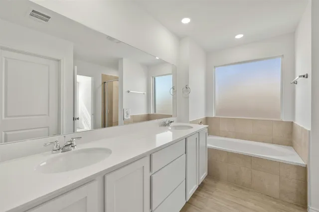 a bathroom with a tub a sink and mirror