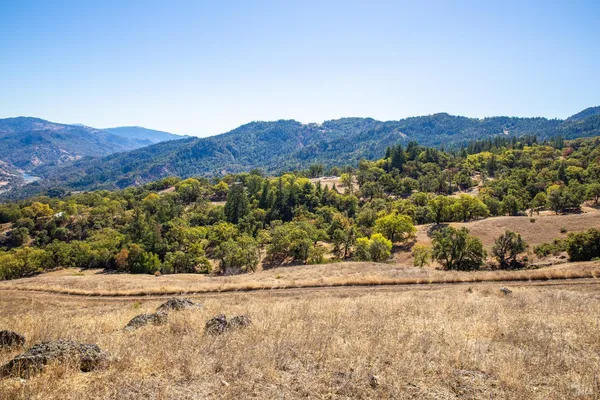 a view of a dry field with mountains in the background