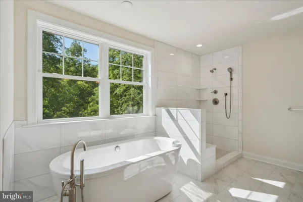 a bathroom with a bathtub and a shower