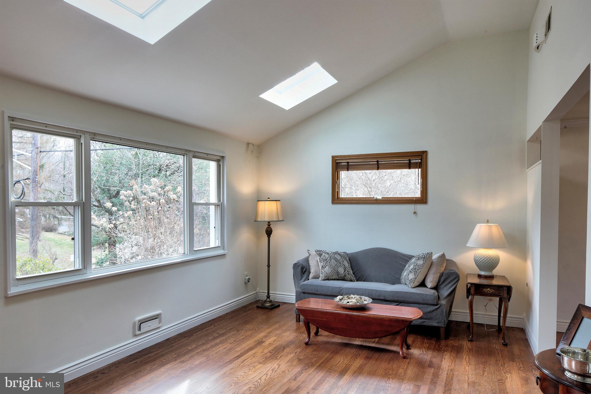 Living Room with cathedral ceiling and skylights