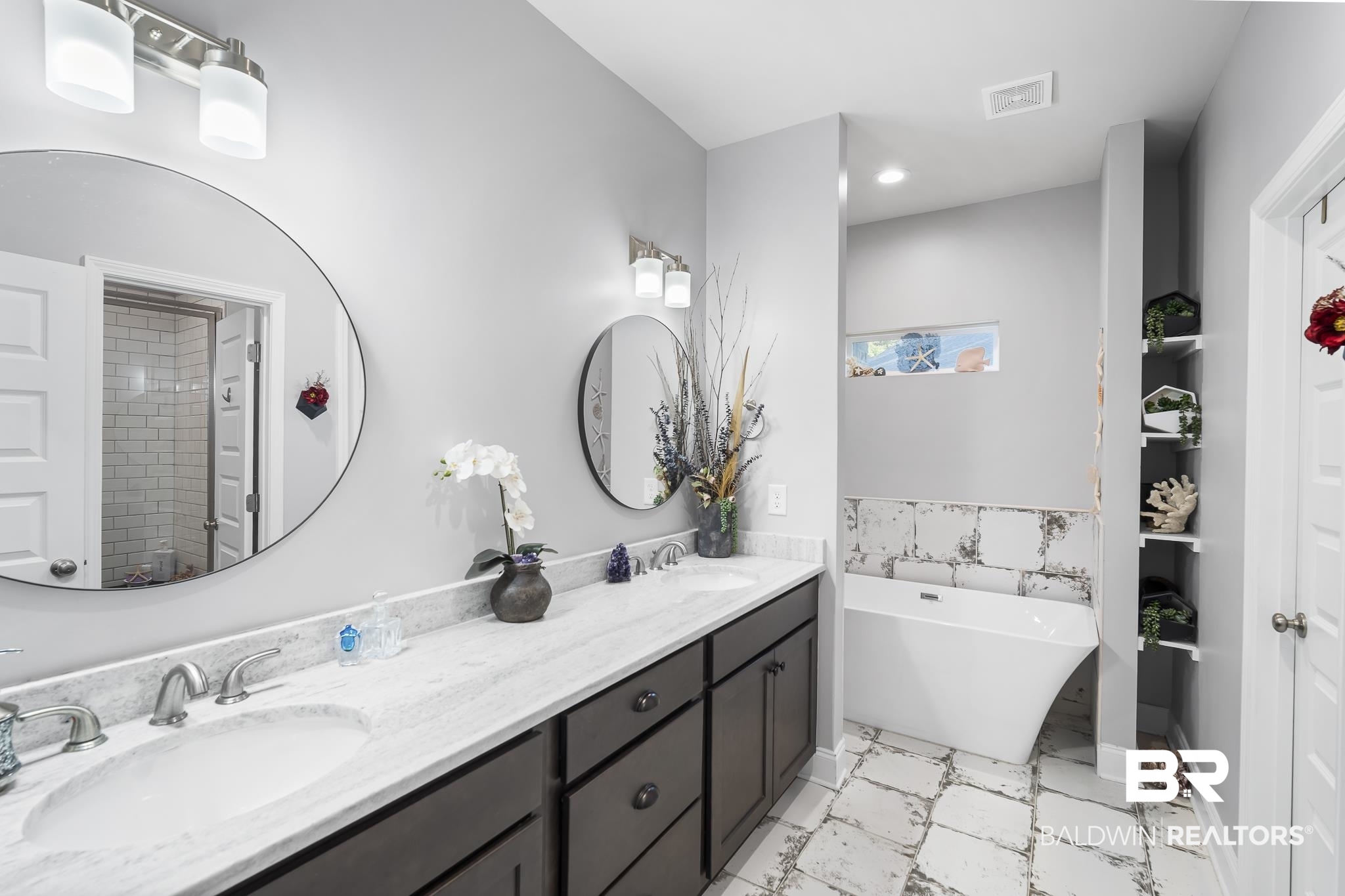 113 Timberline Drive Daphne, AL 36526 - Photo 20 of 44 Bathroom featuring a soaking tub, double vanity, and light marble finish flooring