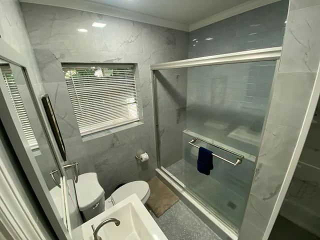 a bathroom with a shower and toilet