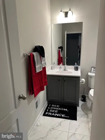 a bathroom with a sink a toilet and mirror