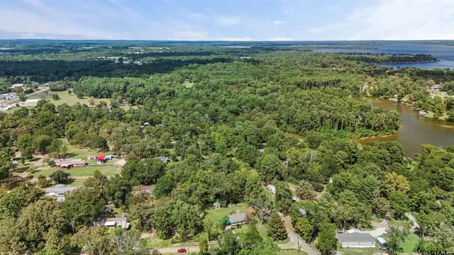 an aerial view of a houses with a yard
