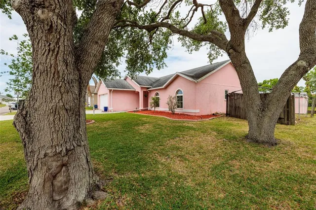 a front view of house with yard and green space