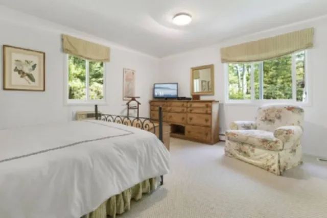 a spacious bedroom with a bed and a couch