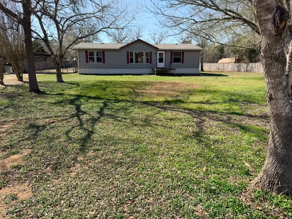 a view of a yard in front of a house with a large tree