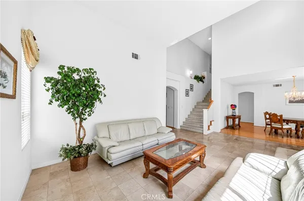 a living room with furniture and a potted plant