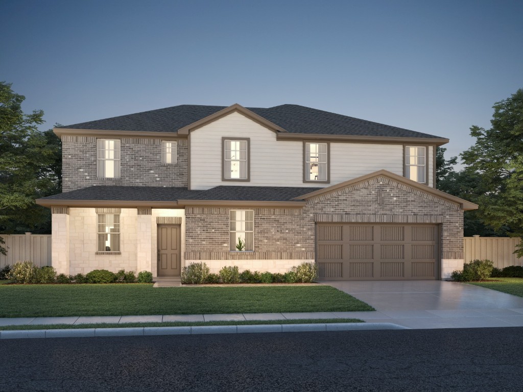 View of front of house with driveway, brick siding, and roof with shingles
