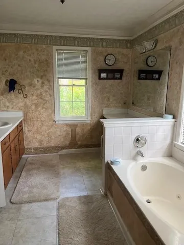 a bathroom with a bathtub sink and mirror
