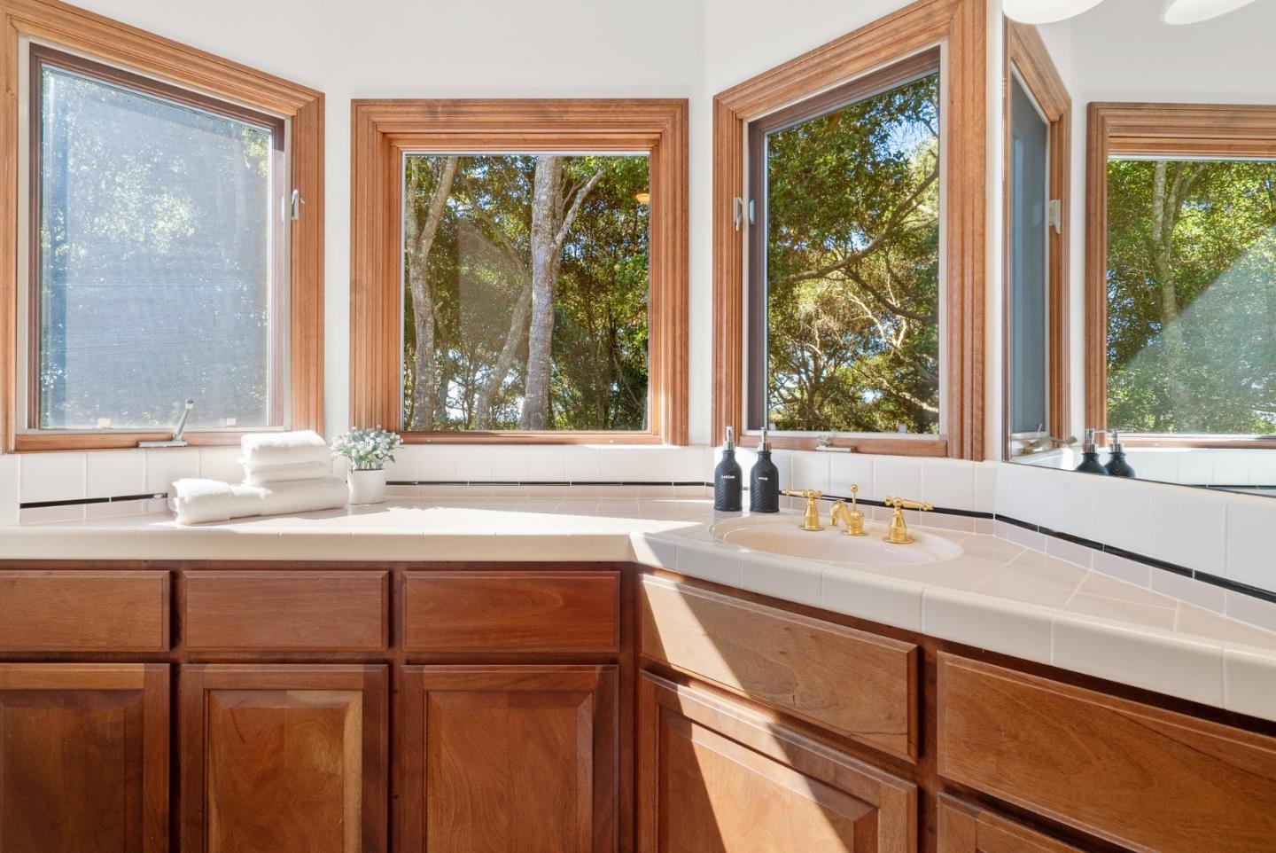 625 Quail Run Road Aptos, CA 95003 - Photo 33 of 49 a bathroom with a sink and a large mirror next to a window
