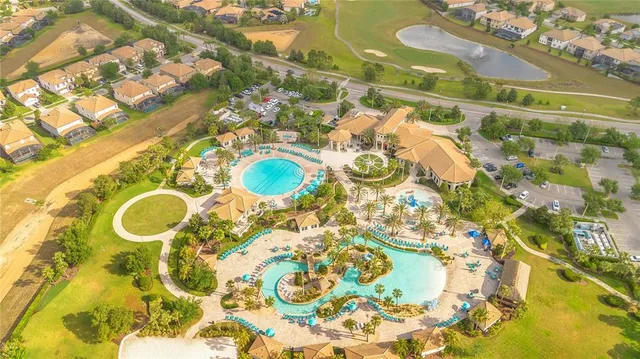 an aerial view of a swimming pool