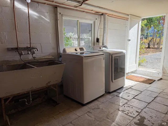 a room with a washing machine and sink