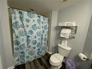 a white toilet sitting next to a shower curtain