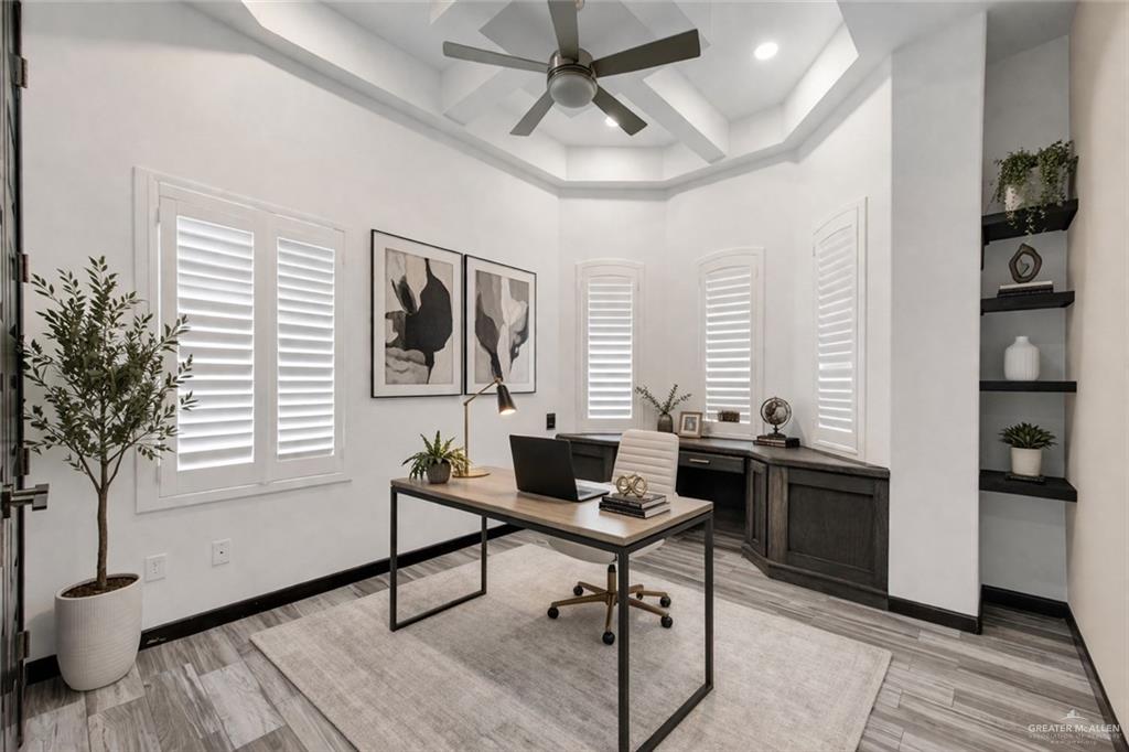 1315 Thompson Road Mission, TX 78573 - Photo 23 of 38 Home office with coffered ceiling, a ceiling fan, light wood finished floors, and recessed lighting