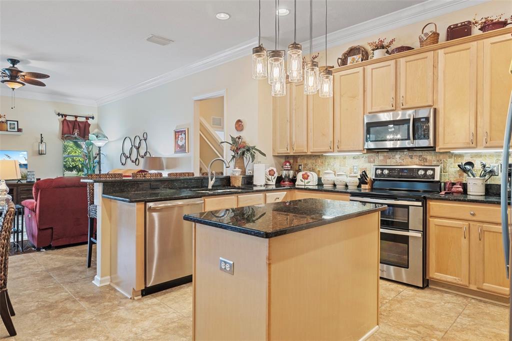25745 Unbridled Court Wesley Chapel, FL 33544 - Photo 24 of 64 a kitchen with stainless steel appliances granite countertop a sink a stove and a refrigerator