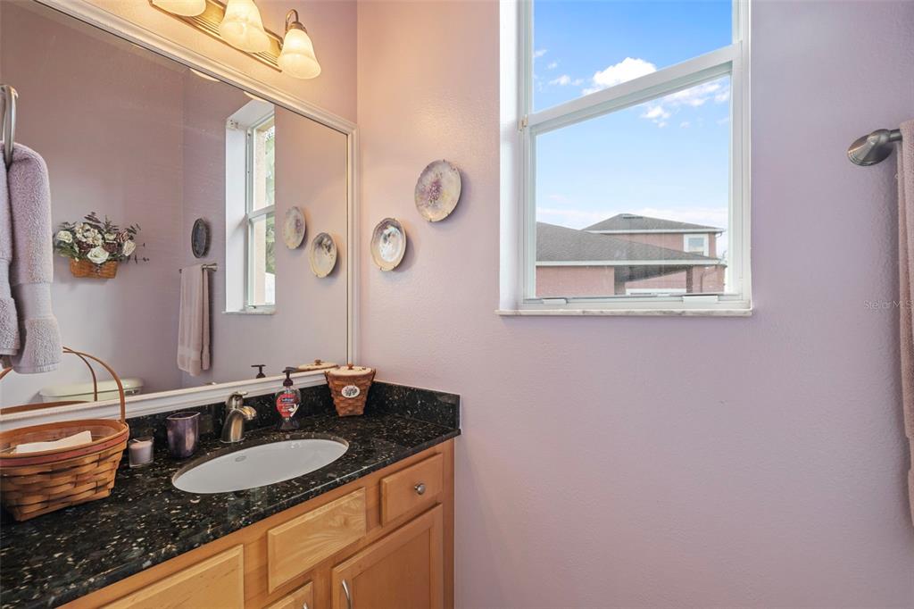 25745 Unbridled Court Wesley Chapel, FL 33544 - Photo 45 of 64 a bathroom with a granite countertop sink and a mirror