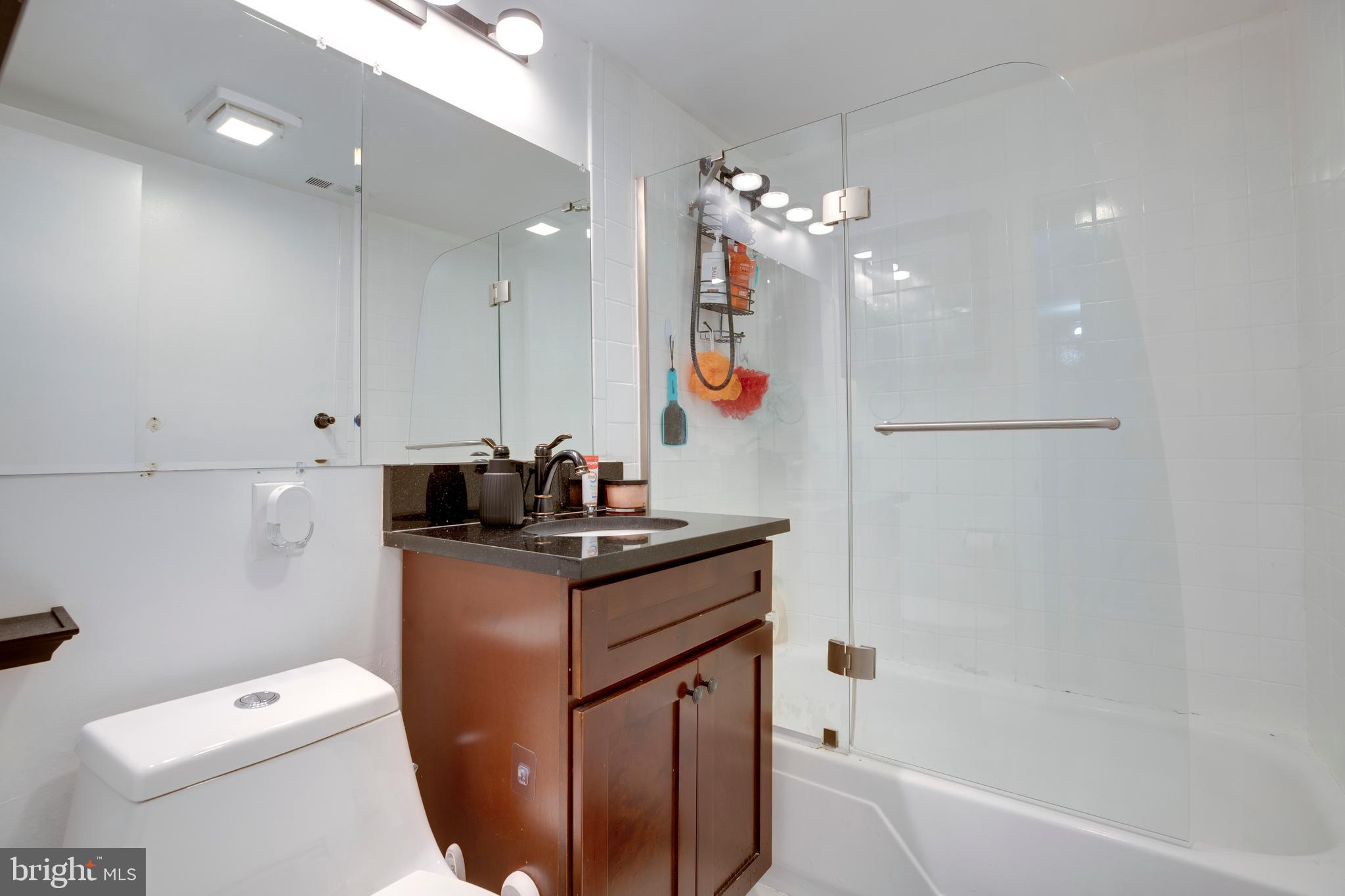 3382 Hewitt Avenue, Unit 102 Silver Spring, MD 20906 - Photo 12 of 22 a bathroom with a granite countertop sink a toilet and shower