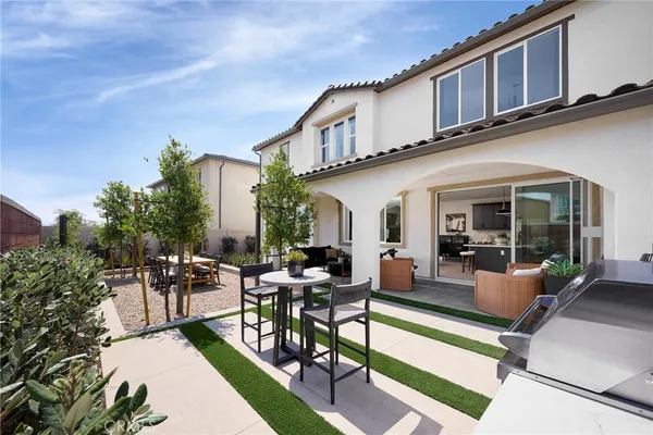 a building outdoor space with patio furniture