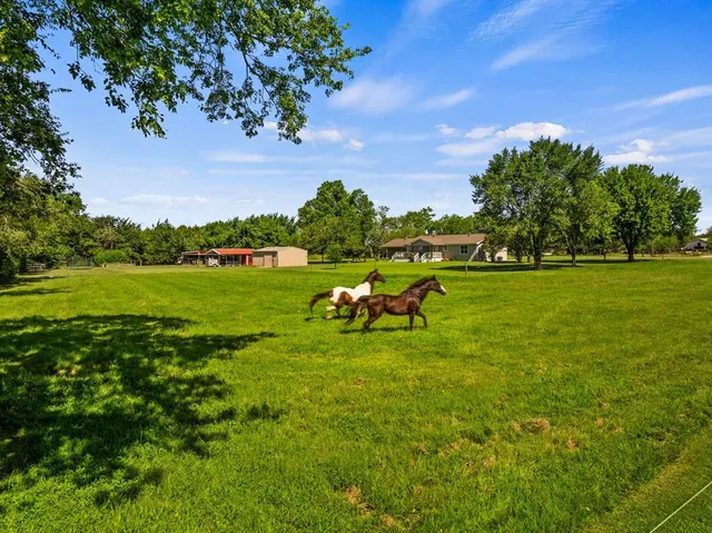 an aerial view of residential houses with outdoor space