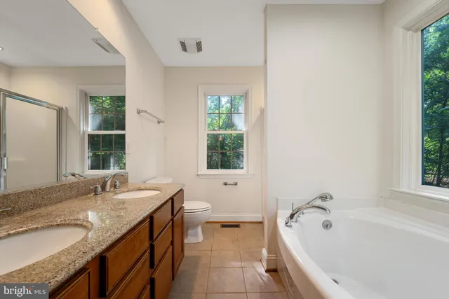 a bathroom with a granite countertop tub sink and mirror