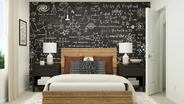 a bedroom with a bed and a table