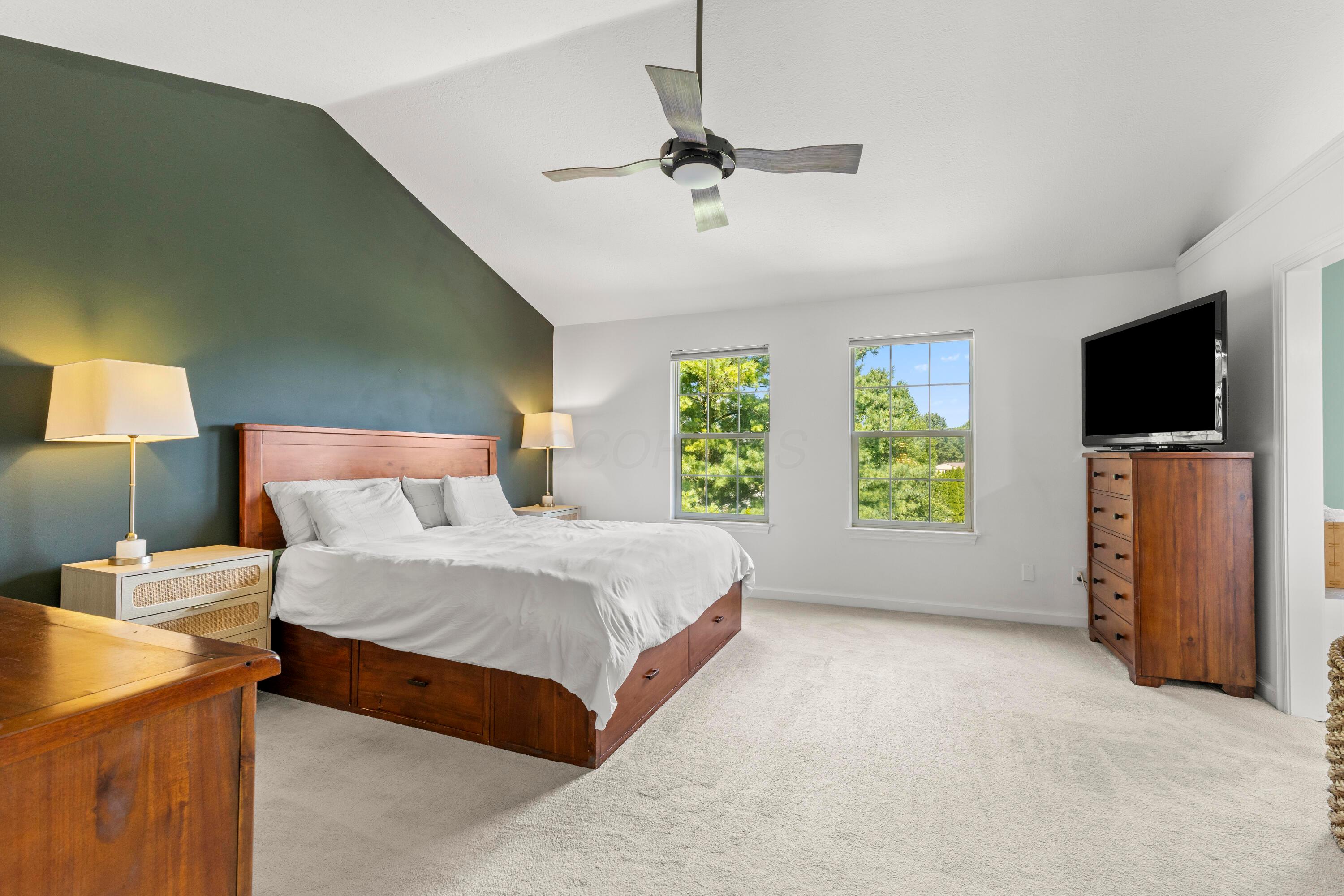 1515 Dale Ford Road Delaware, OH 43015 - Photo 34 of 74 • Light and carpet • Ivory painted & green accent wall • Cathedral ceiling • Lighted ceiling fan • Shades remain