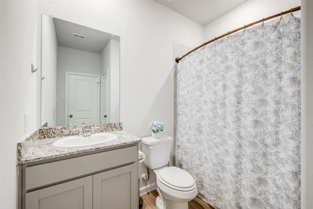 a bathroom with a granite countertop sink toilet and a mirror