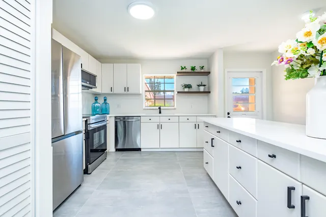 a kitchen with white cabinets stainless steel appliances and a potted plant