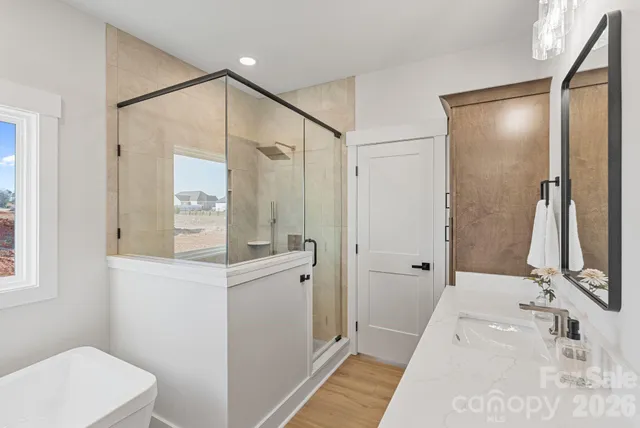 a bathroom with a sink a toilet and shower