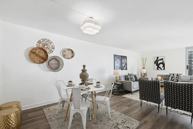 a view of a dining room with furniture