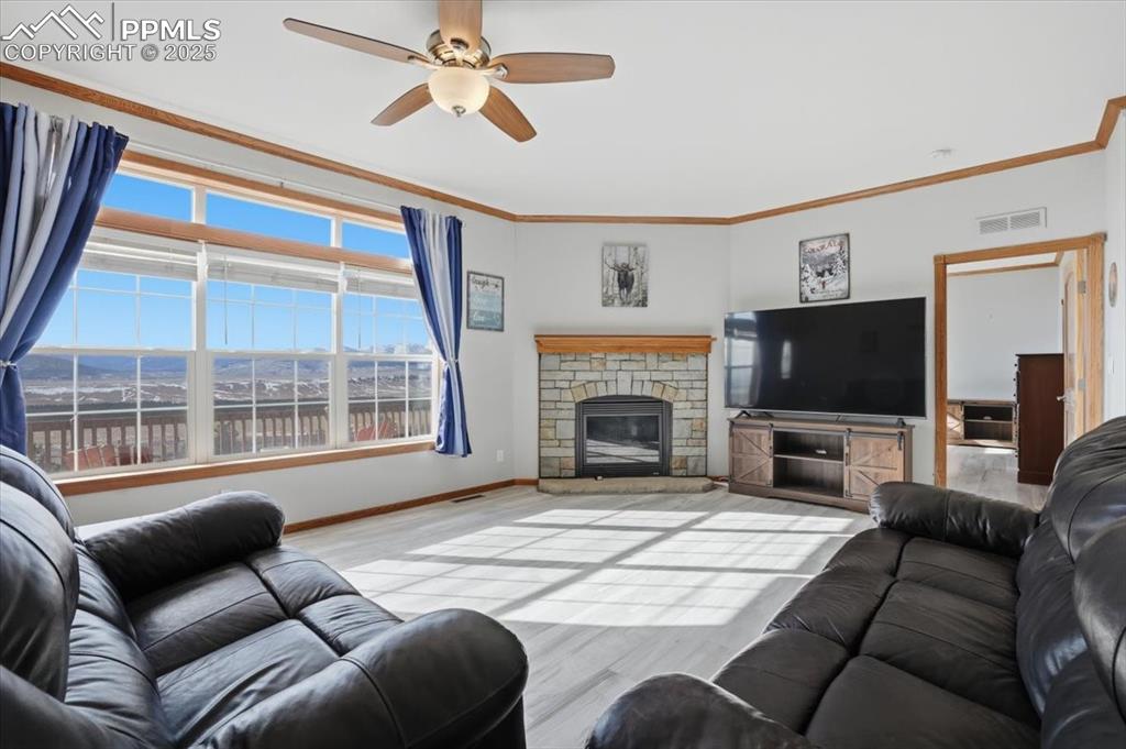204 Crooked Creek Road Fairplay, CO 80440 - Photo 11 of 50 a living room with furniture a flat screen tv and a fireplace