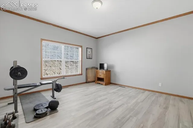 a view of a livingroom with furniture and gym equipment