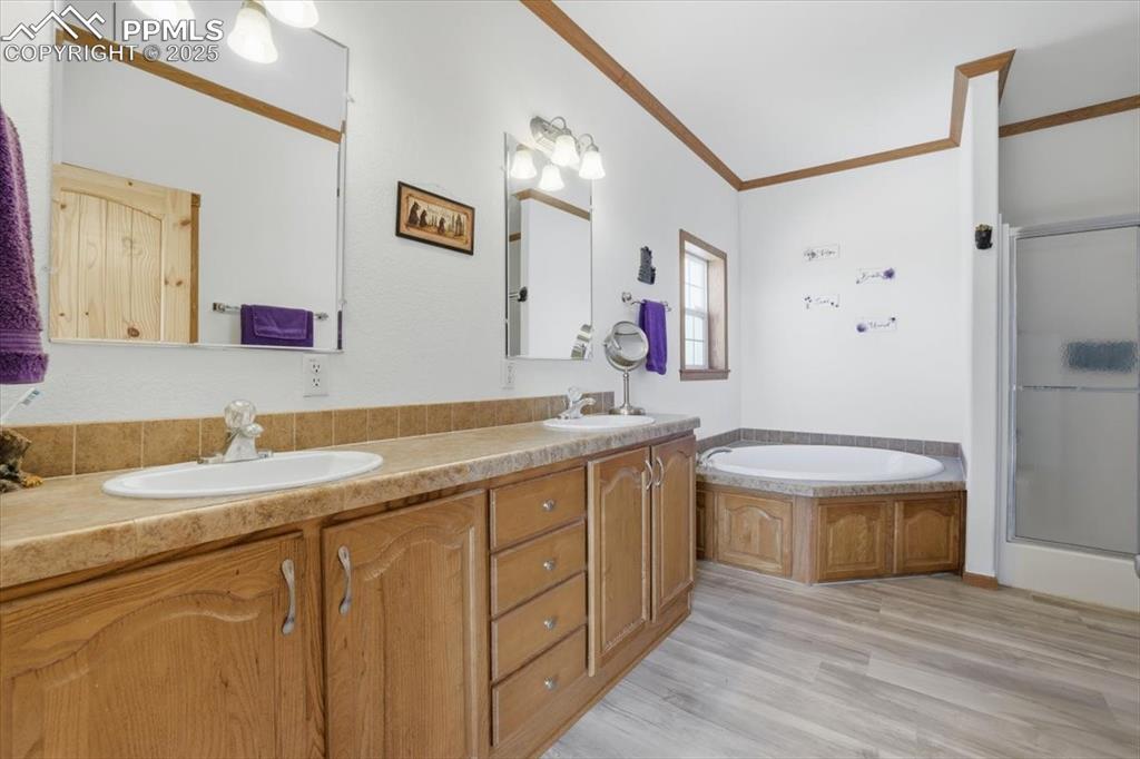 204 Crooked Creek Road Fairplay, CO 80440 - Photo 32 of 50 a bathroom with a granite countertop double vanity sink a mirror and