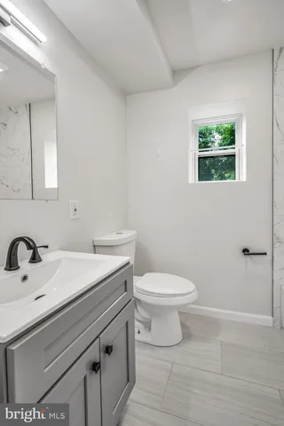 a bathroom with a sink a toilet and mirror