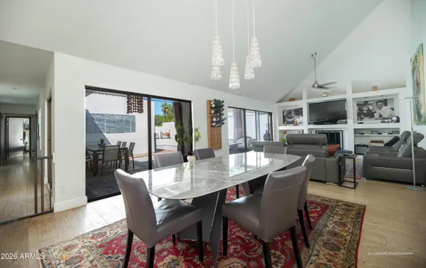 a view of a dining room with furniture