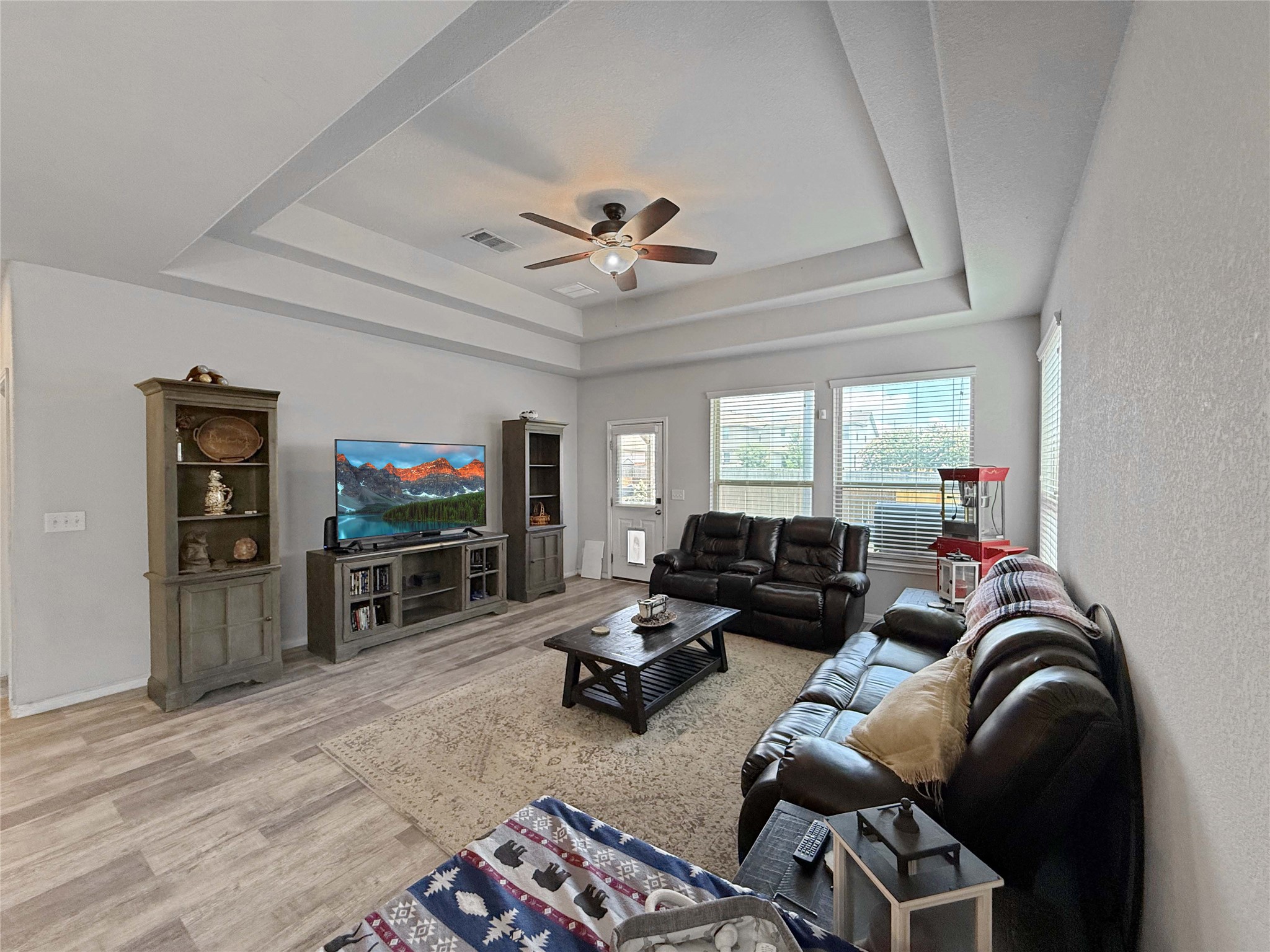 429 Rusk Bluff Avenue Leander, TX 78641 - Photo 7 of 24 A comfortable living room presents elegant tray ceilings and abundant natural light.