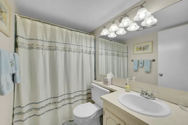 a bathroom with a sink a toilet a large mirror and shower
