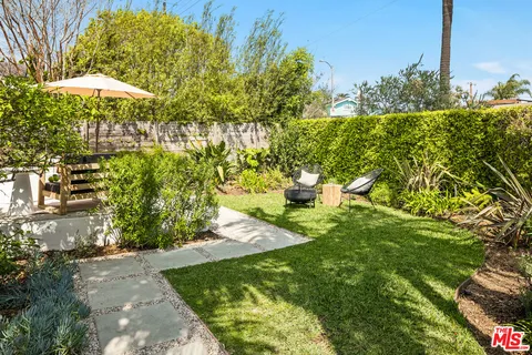 a view of a yard with plants and a fountain