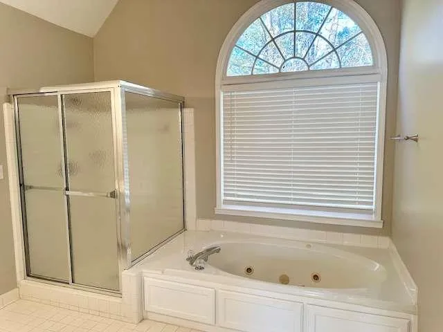 a bathroom with a bathtub and a shower