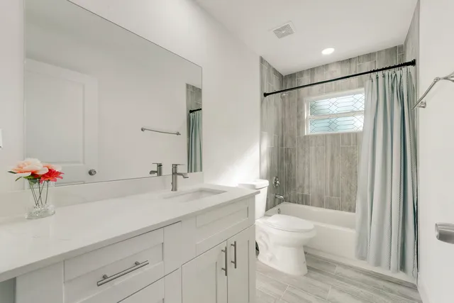 a bathroom with a sink vanity mirror and toilet