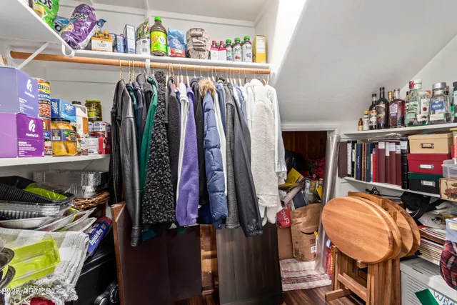 a view of walk in closet with clothes