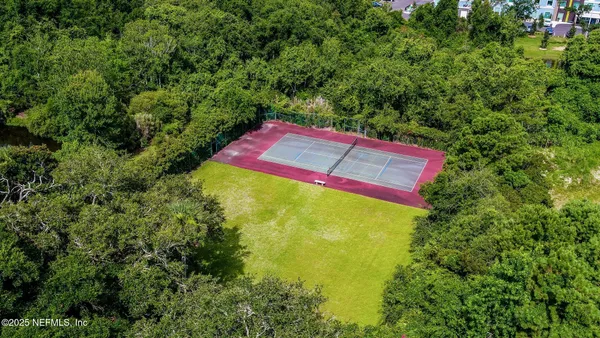an aerial view of a pool
