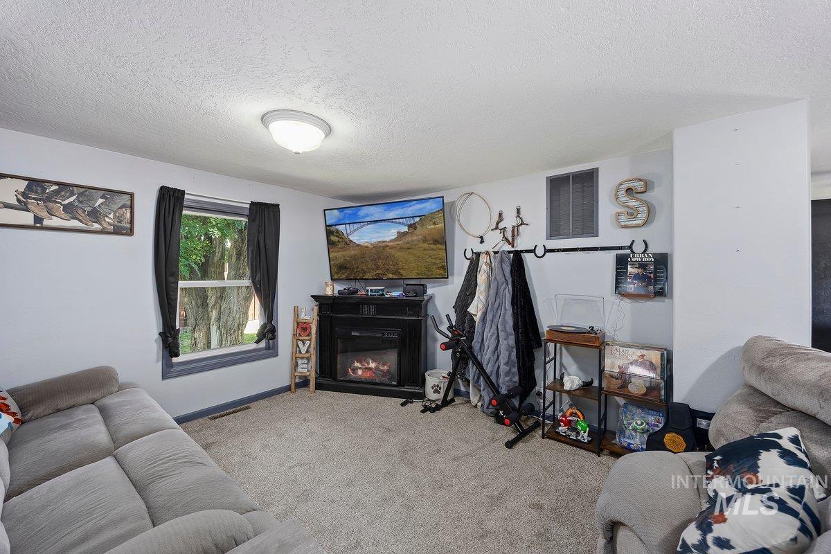 418 South Date Street Shoshone, ID 83352 - Photo 8 of 36 Carpeted living area featuring a ceiling-mounted light fixture and a window with trim