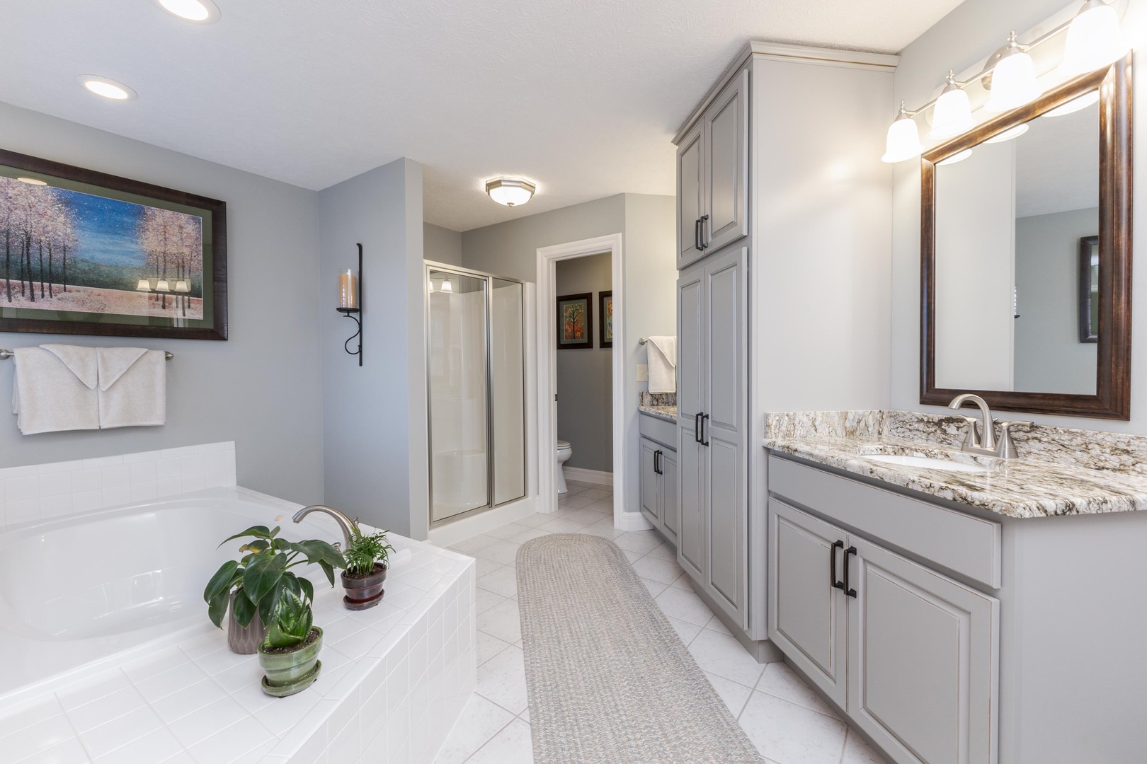 2006 Woodbine Road Bloomington, IL 61704 - Photo 52 of 98 a bathroom with a granite countertop sink a mirror and a shower