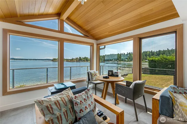 a living room with furniture and a floor to ceiling window