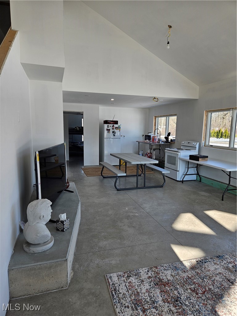 1180 North County Line Road Geneva, OH 44041 - Photo 29 of 33 Living room featuring high vaulted ceiling