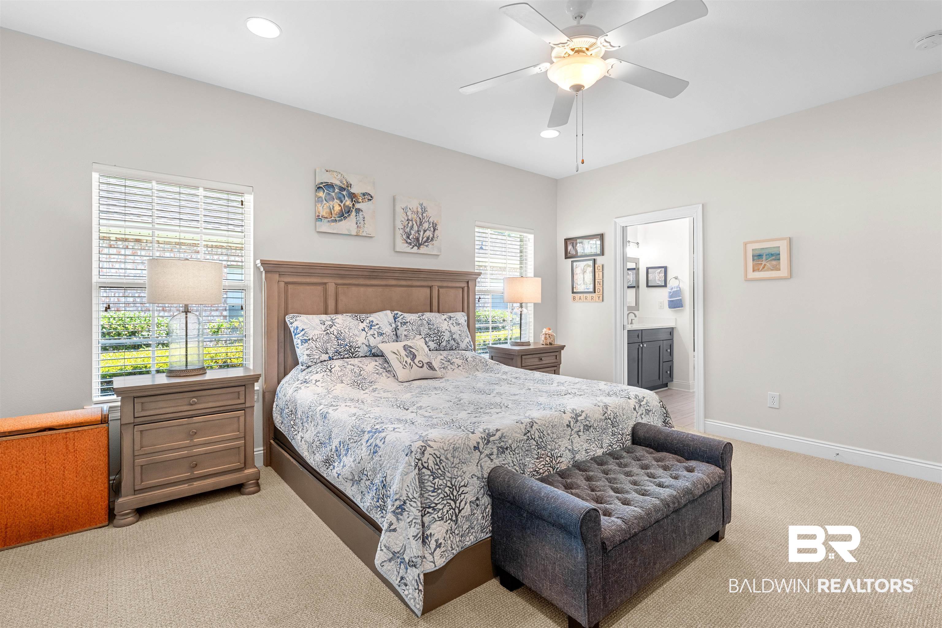 141 Mark Twain Loop Foley, AL 36535 - Photo 16 of 55 Bedroom with light carpet, recessed lighting, ensuite bath, and a ceiling fan